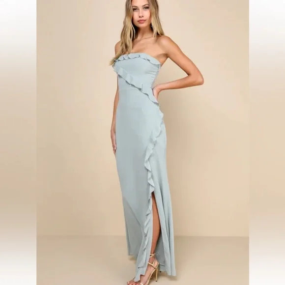 lulus green ruffle dress Lulus Rylee Satin Maxi Dress main image 1